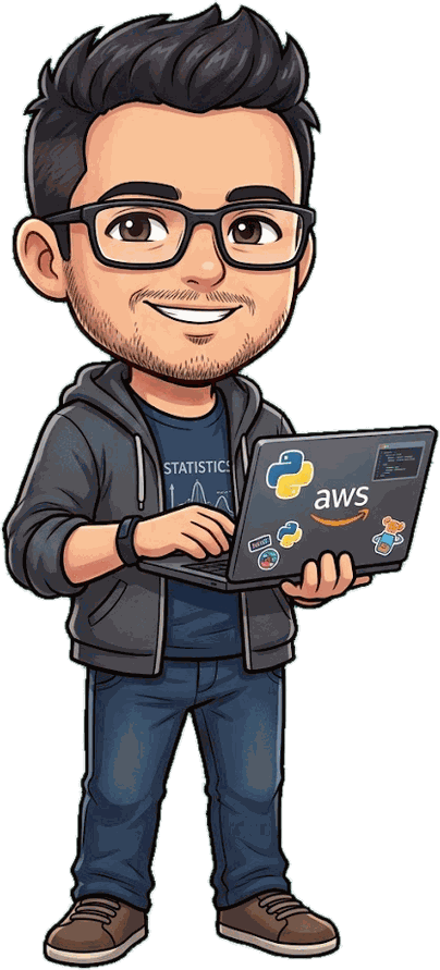 Ilustração do Rodrigo segurando um notebook coberto de adesivos de AWS, Python e Docker