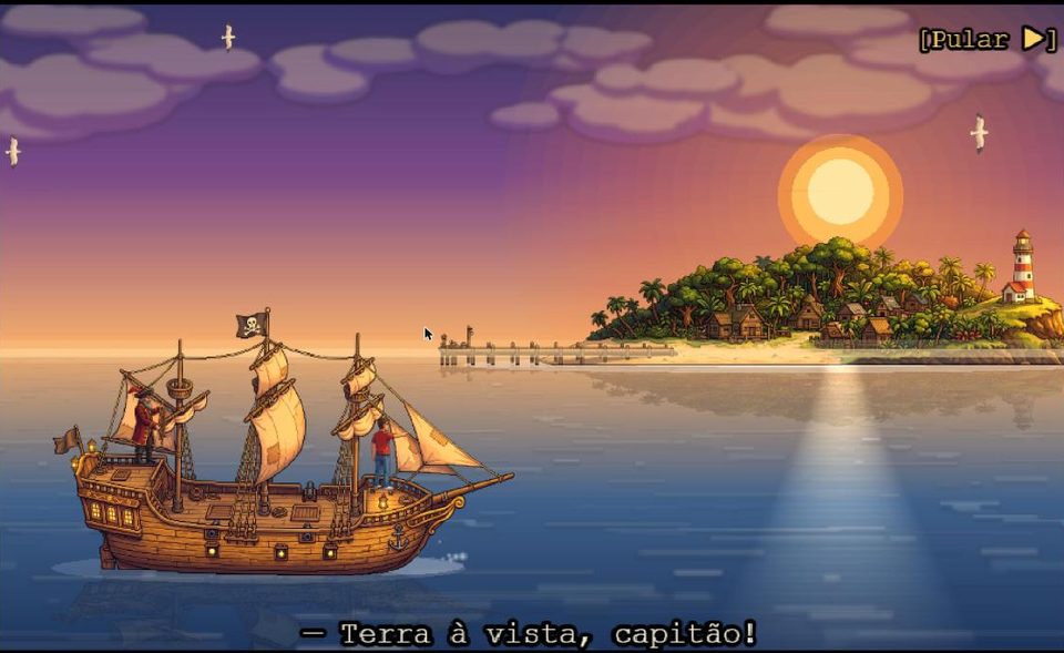 Cena do jogo: um navio pirata chega a uma ilha tropical ao pôr do sol